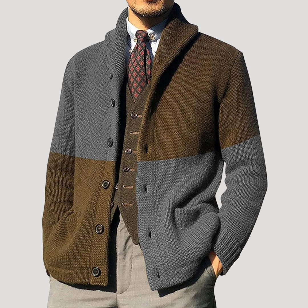 Men's wool cardigan with shawl collar coatigan - Grey/Brown