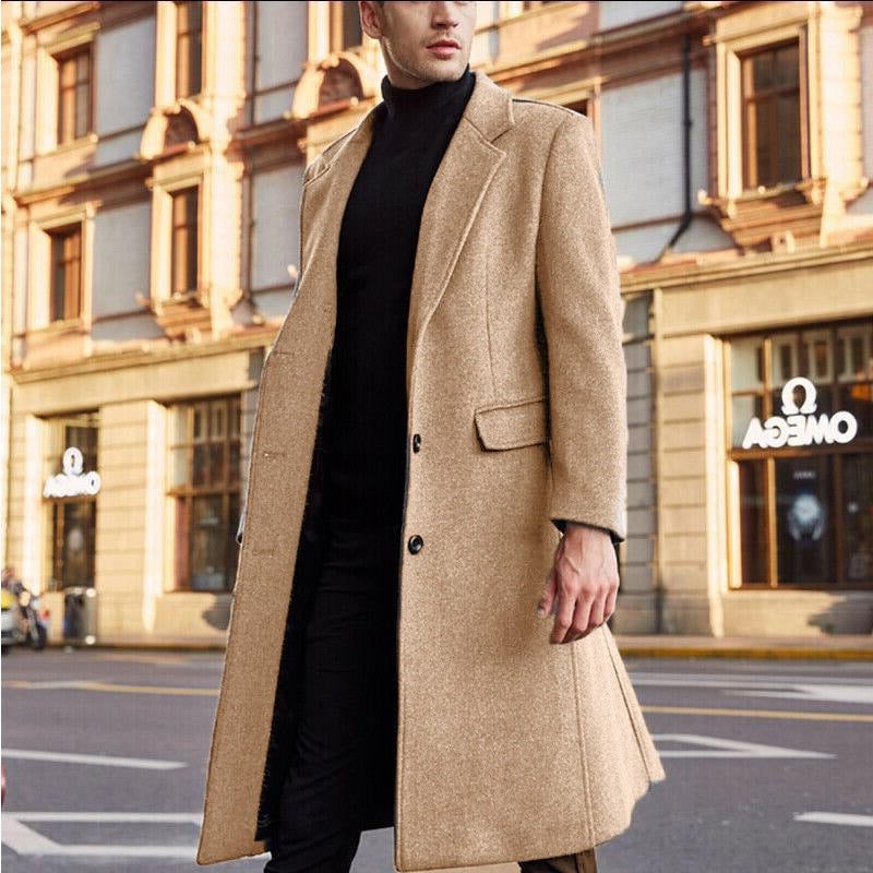 Men's Wool Overcoat with Lapel Collar - Khaki