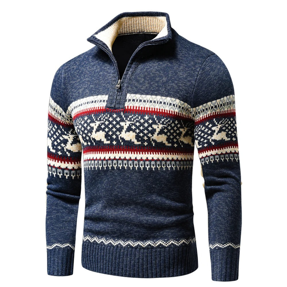 Men's Zip Jumper Festive Cotton Blend Collar - Blue