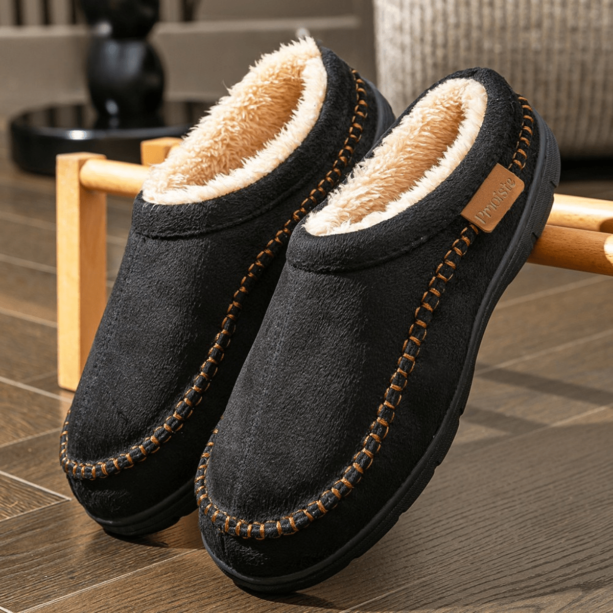 Fleece Lined Moccasin Slip-On Slippers - Black