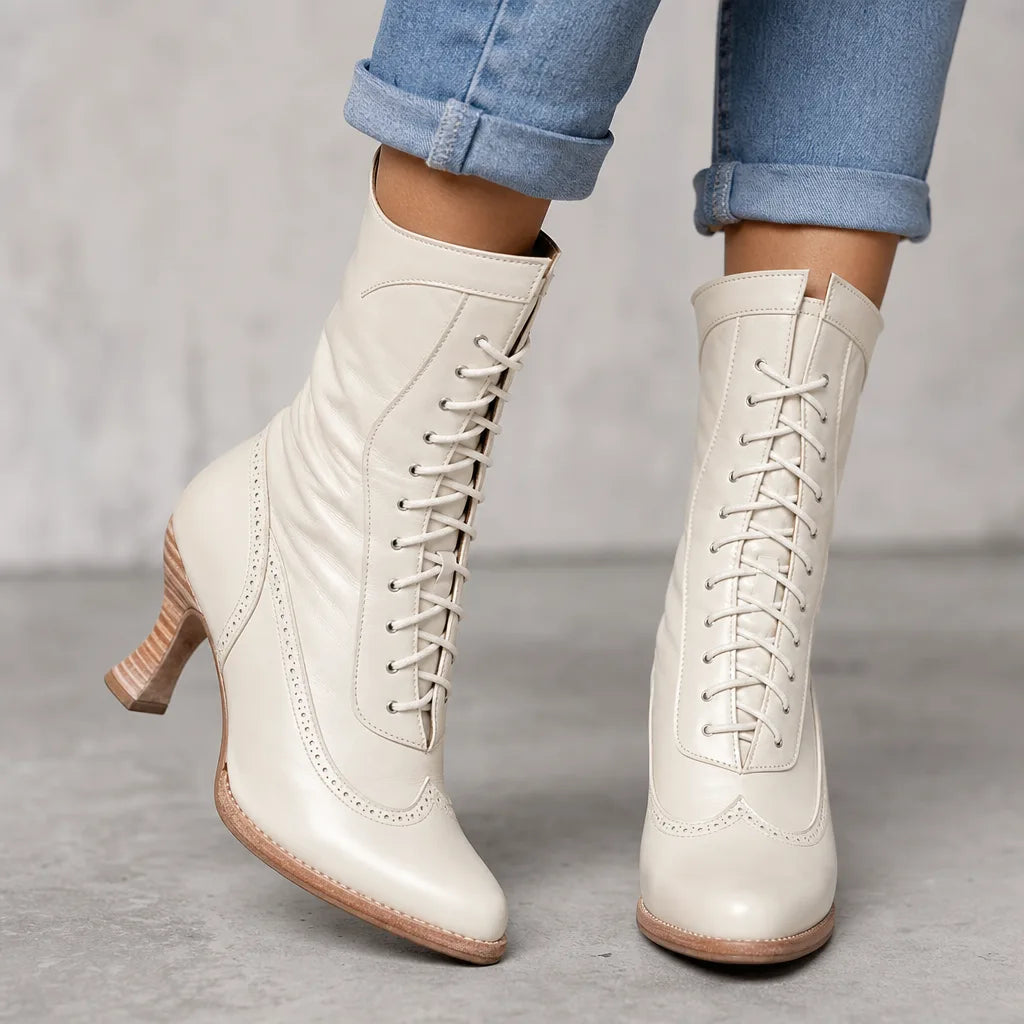 Women's Lace-Up Ankle Boots with Brogue Detailing - White