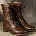 Women's Lace-Up Ankle Boots Faux Leather Block Heel - Marron Foncé