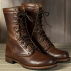 Women's Lace-Up Ankle Boots Faux Leather Block Heel - Marron Foncé