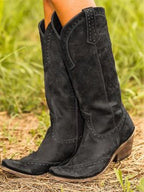 Women's Cowboy Boots Distressed Suede Studded - Black