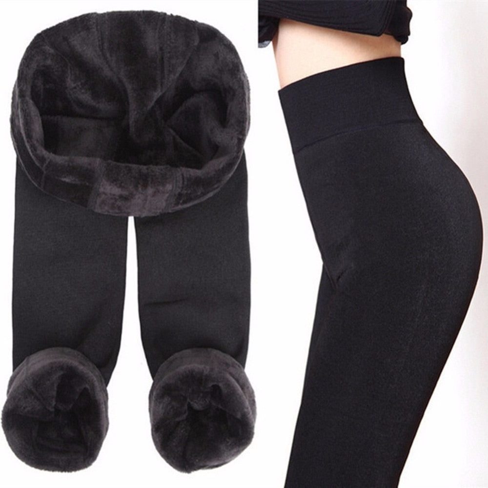 Women's fleece-lined high waist leggings - Black
