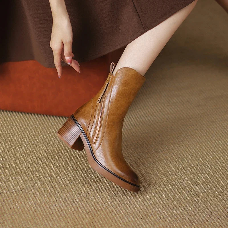Women's genuine leather ankle boots with block heel