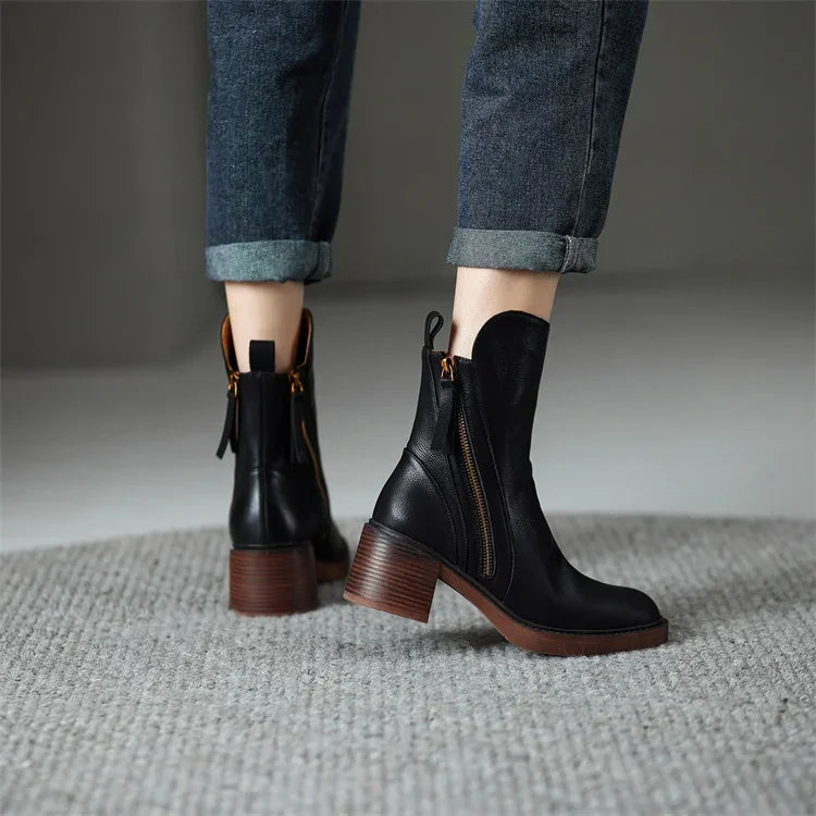 Women's genuine leather ankle boots with block heel