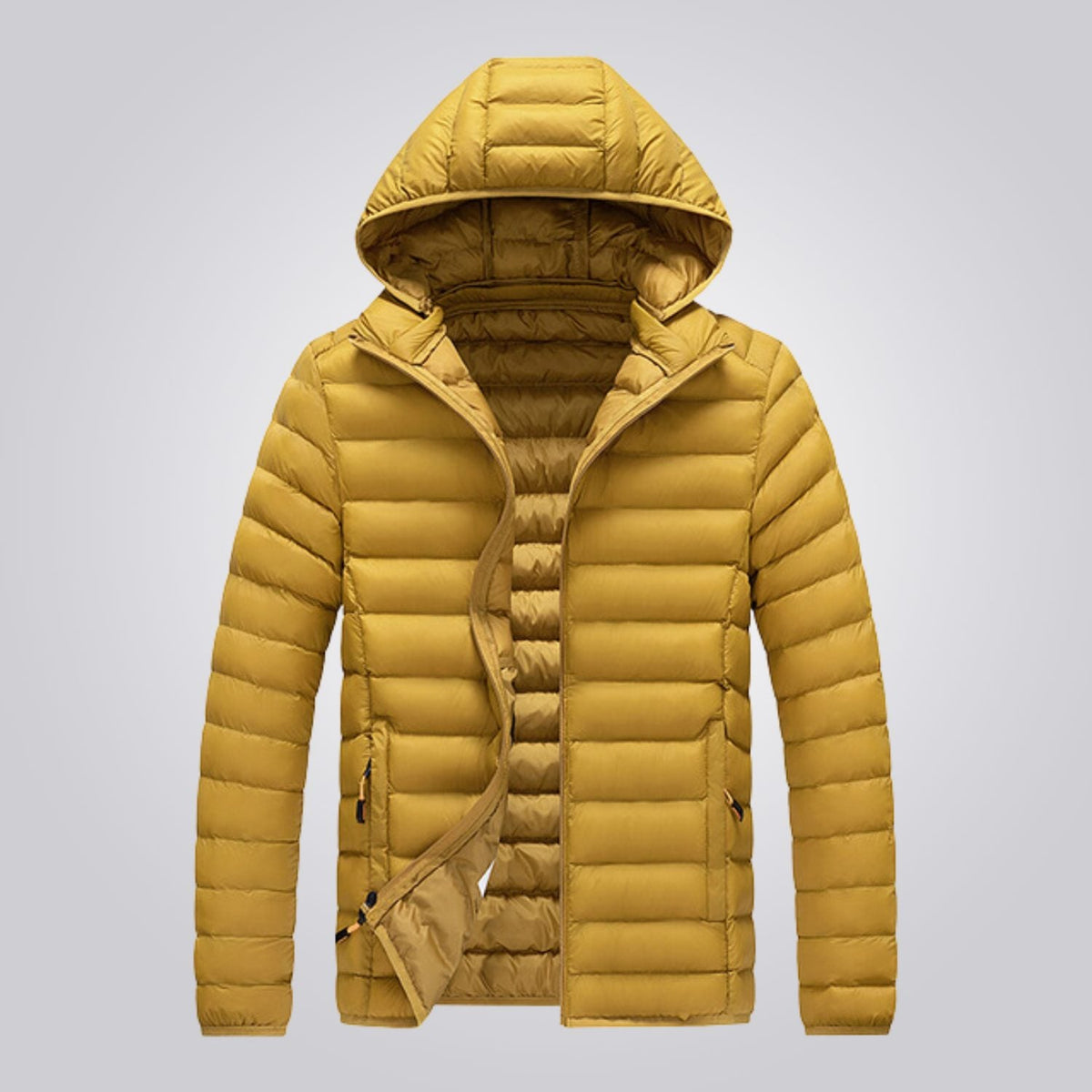 Women's hooded longline puffer jacket, quilted and padded for winter - Yellow