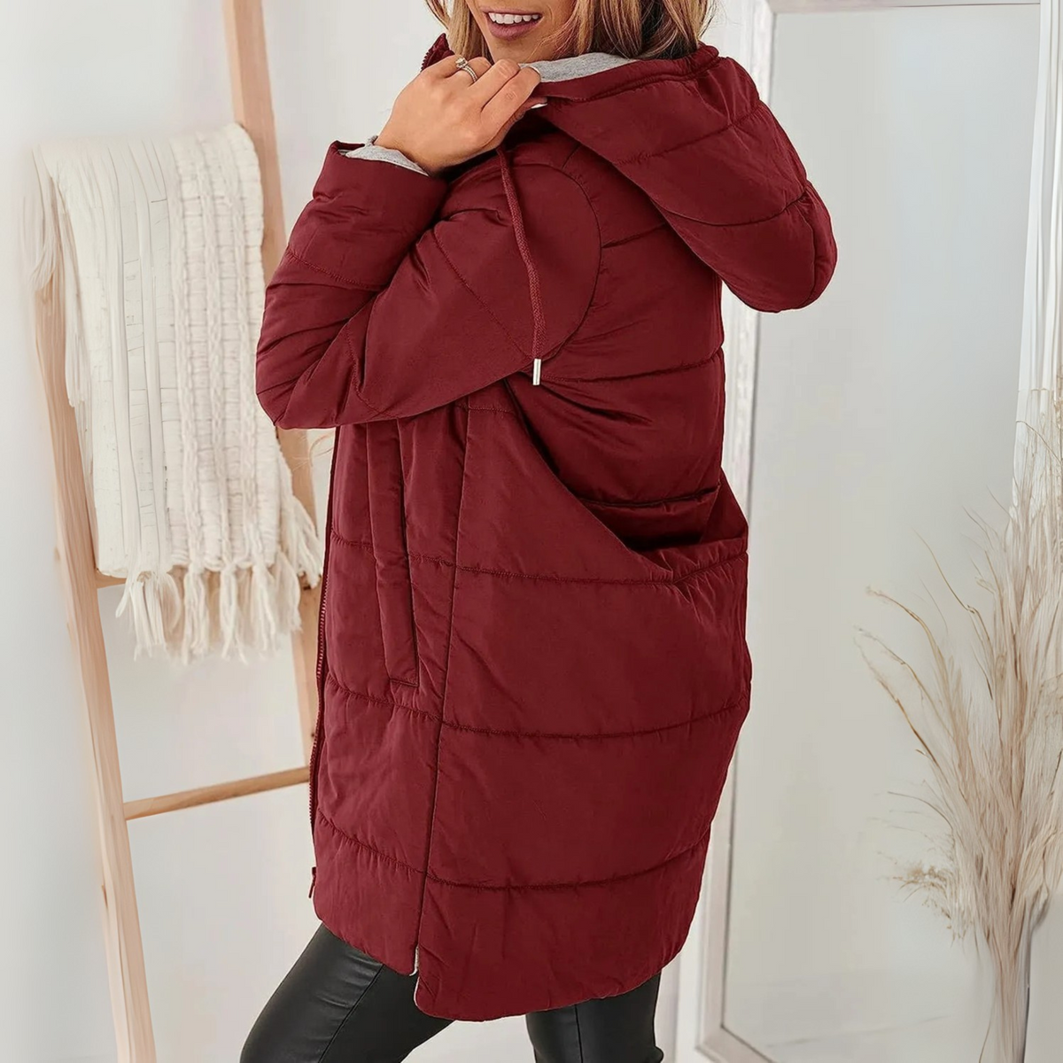 Women's Hooded Puffer Jacket Down Padded Winter Coat - Burgundy