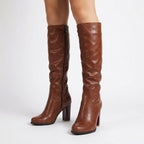 Women's knee high leather boots with block heel - Brown