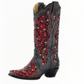 Women's knee high boots with sequin embroidery and pointed toe - Black