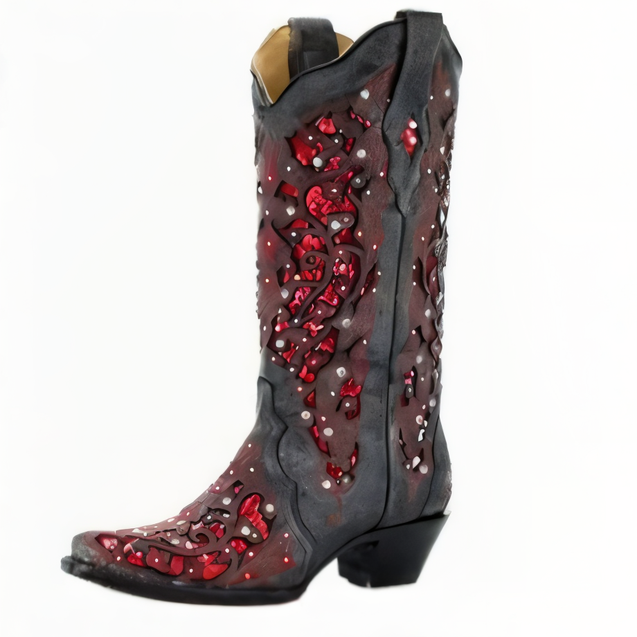 Women's knee high boots with sequin embroidery and pointed toe - Black