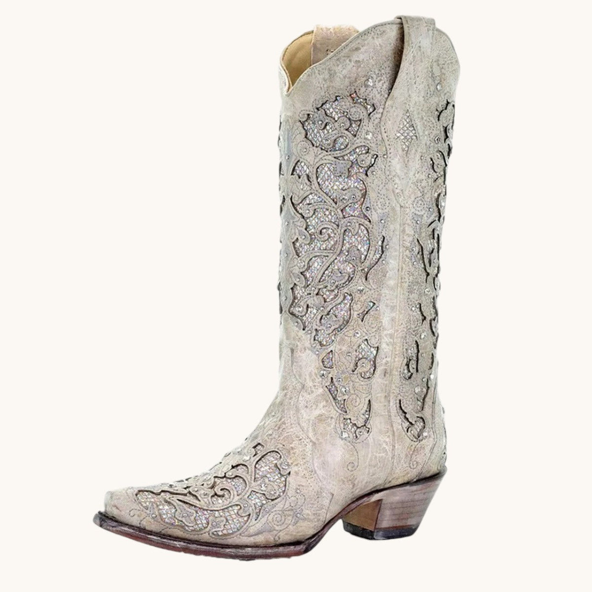 Women's knee high boots with sequin embroidery and pointed toe - Silver