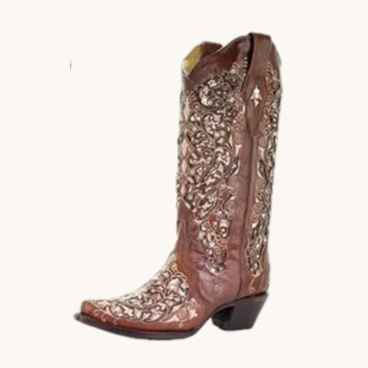 Women's knee high boots with sequin embroidery and pointed toe - Brown