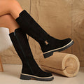 Women's Knee High Suede Boots with Cleated Sole - Black