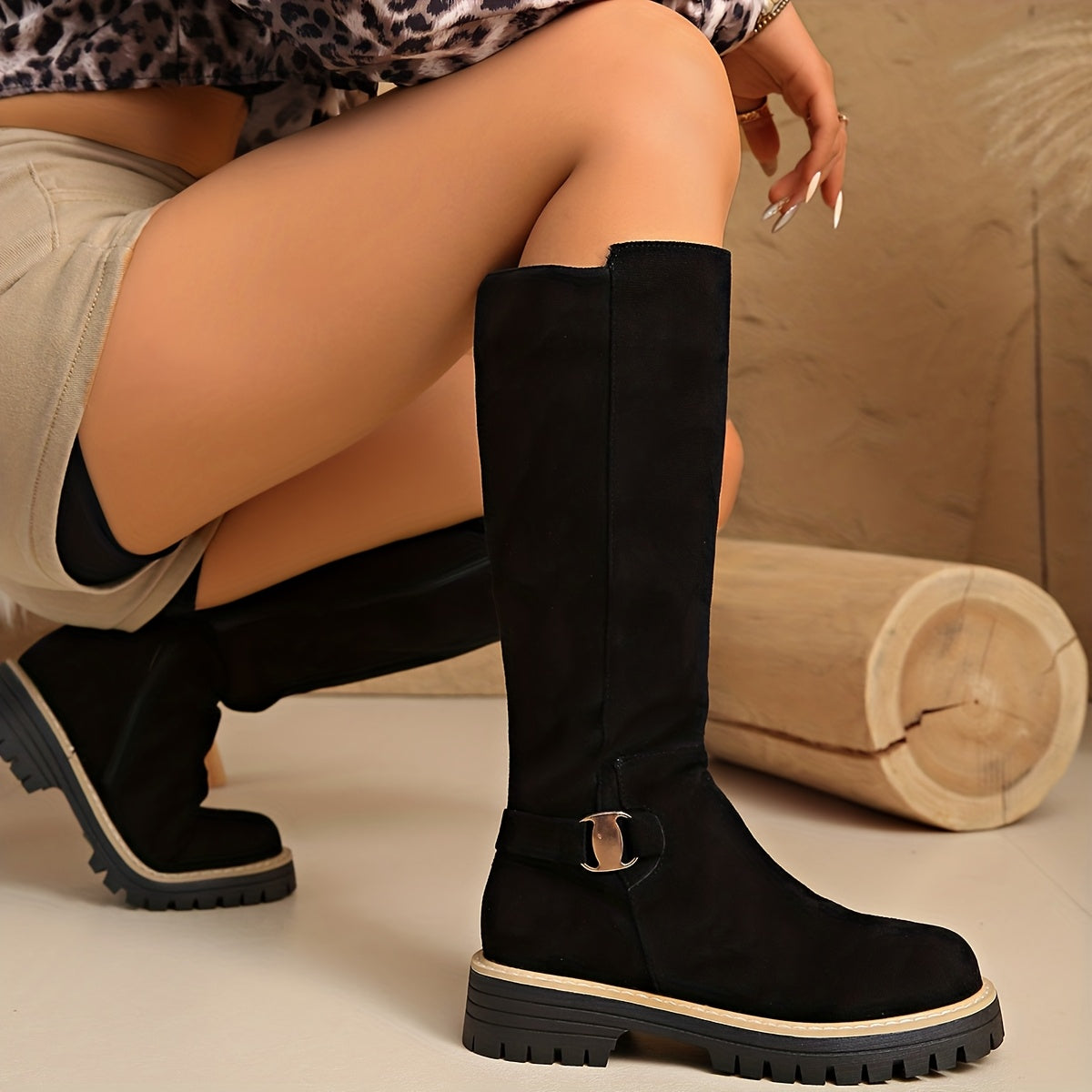 Women's Knee High Suede Boots with Cleated Sole