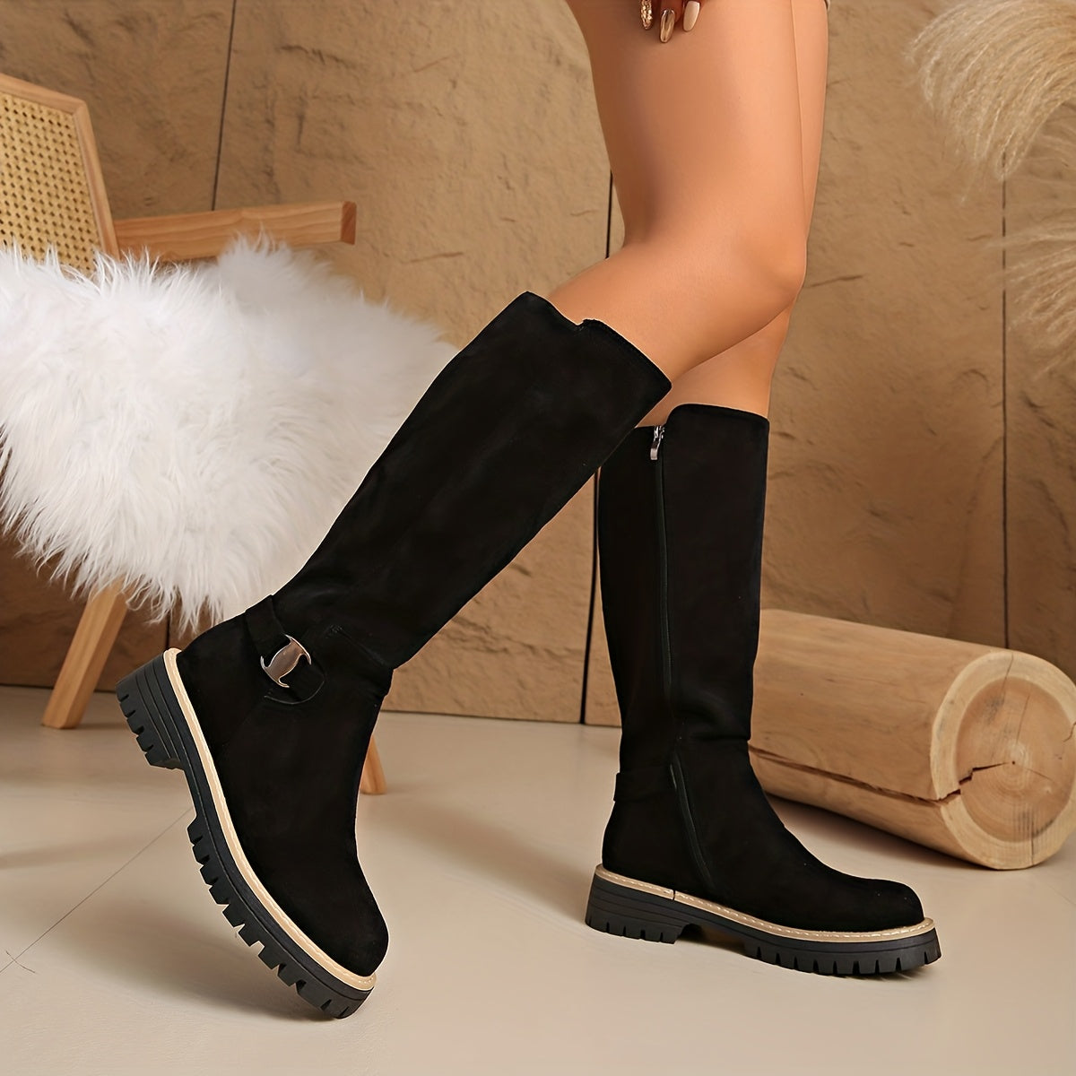 Women's Knee High Suede Boots with Cleated Sole