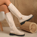Women's Knee High Suede Boots with Cleated Sole - Beige