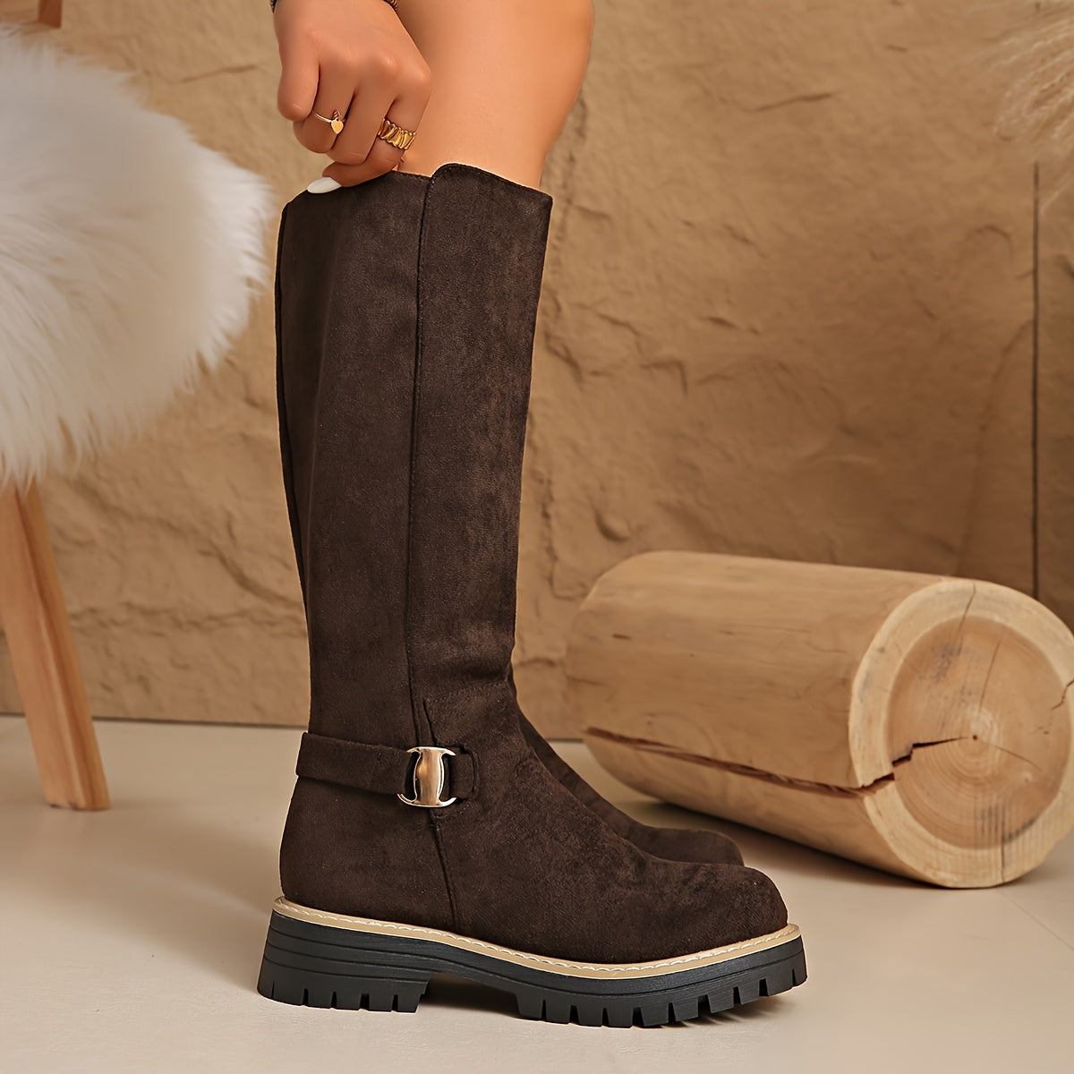 Women's Knee High Suede Boots with Cleated Sole