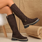 Women's Knee High Suede Boots with Cleated Sole - Café