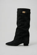 Women's knee-high suede boots with block heel - Black