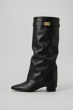 Women's knee-high suede boots with block heel - Black (Leather Look)