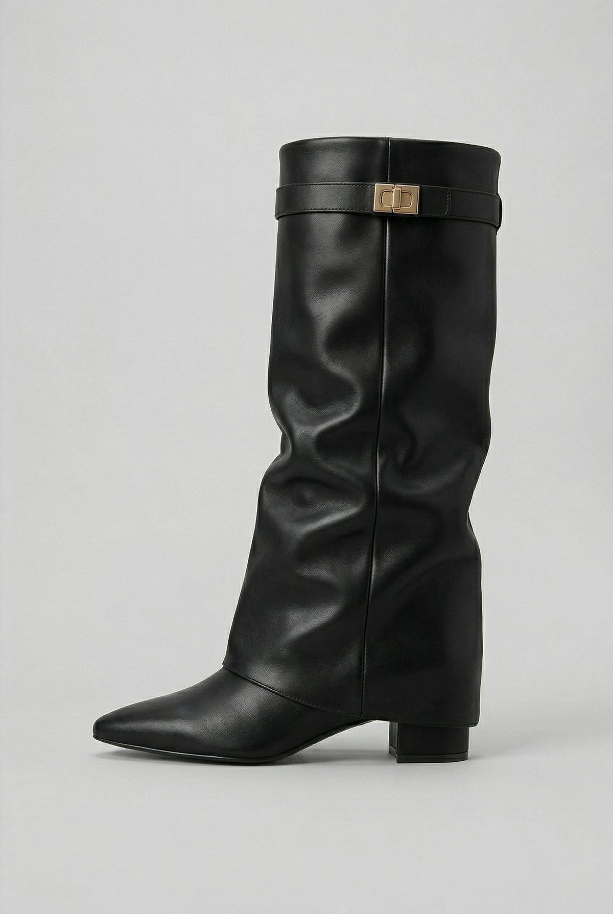 Women's knee-high suede boots with block heel - Black (Leather Look)