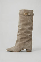 Women's knee-high suede boots with block heel - Taupe