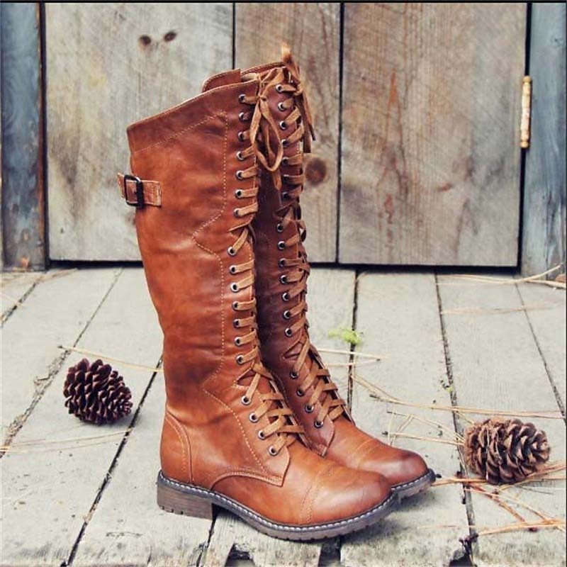 Women's Knee High Leather Boots with Lace-Up and Buckle - Brown