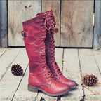 Women's Knee High Leather Boots with Lace-Up and Buckle - Red