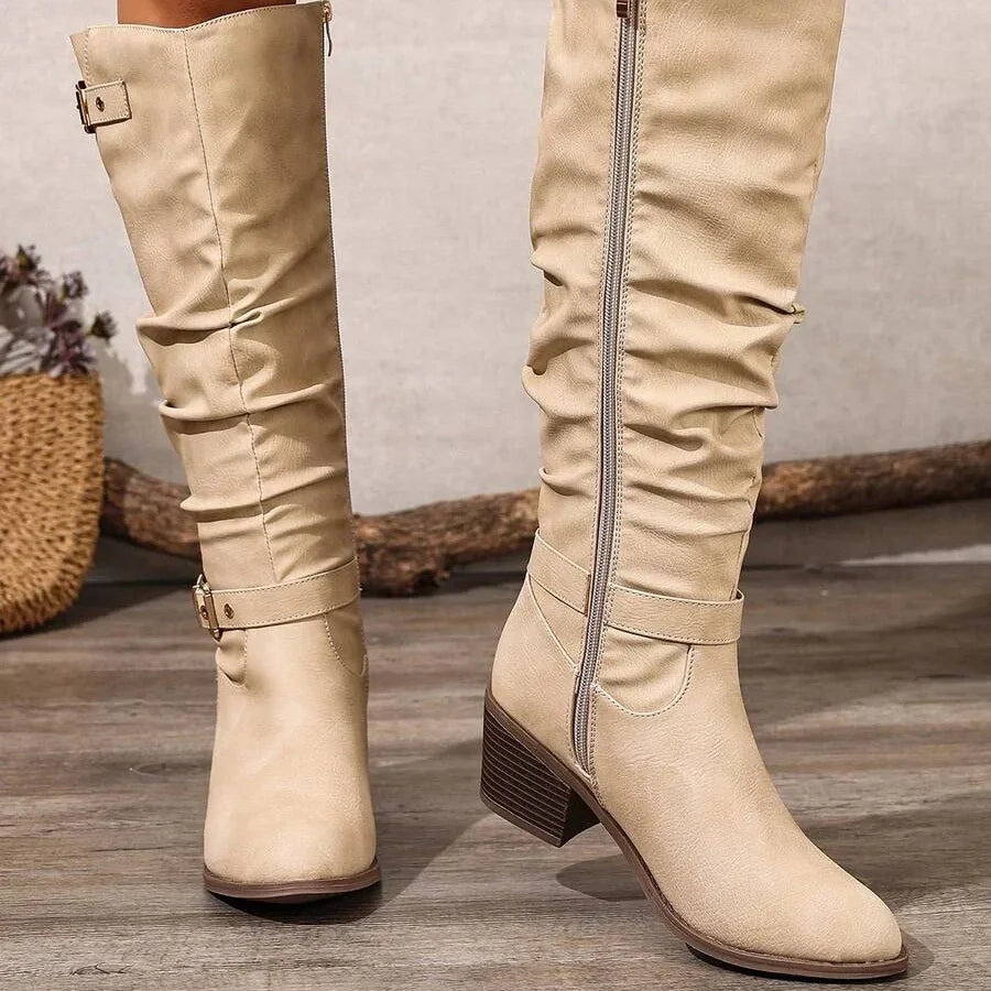 Women's knee high leather boots with block heel and double buckle