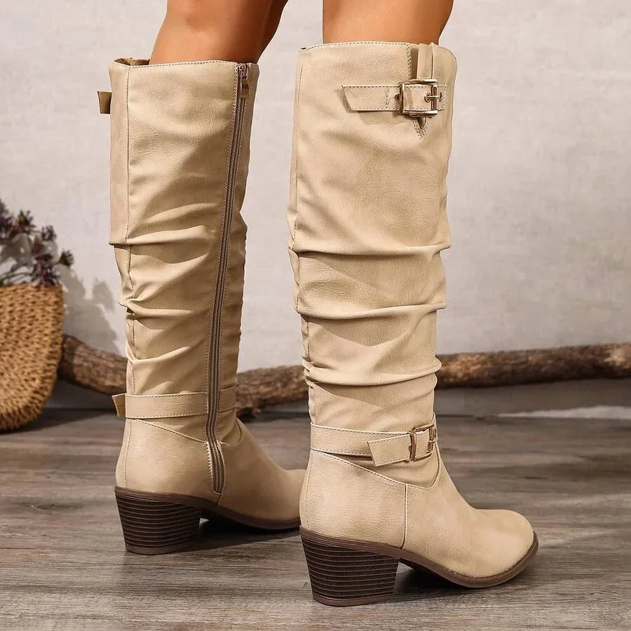 Women's knee high leather boots with block heel and double buckle