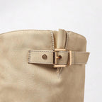 Women's knee high leather boots with block heel and double buckle