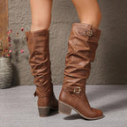 Women's knee high leather boots with block heel and double buckle