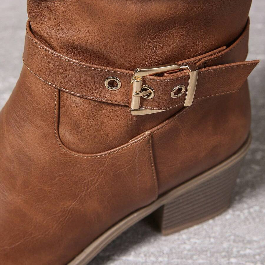 Women's knee high leather boots with block heel and double buckle