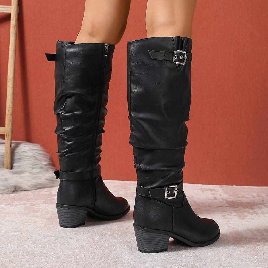 Women's knee high leather boots with block heel and double buckle