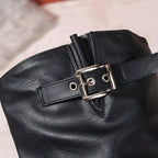 Women's knee high leather boots with block heel and double buckle