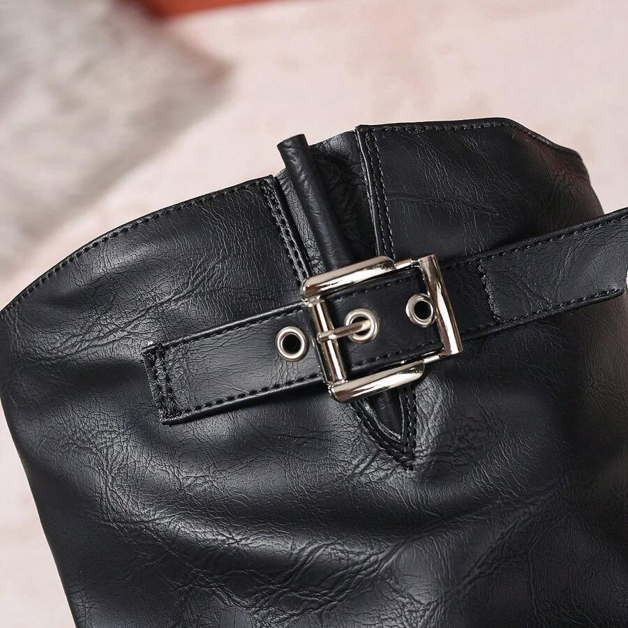 Women's knee high leather boots with block heel and double buckle