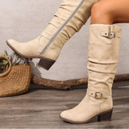 Women's knee high leather boots with block heel and double buckle - Beige