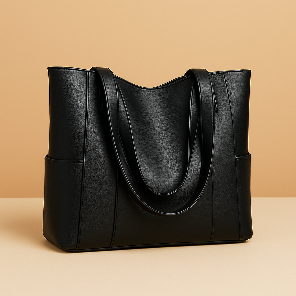Women's Large Leather Tote Bag with Side Pockets - Black