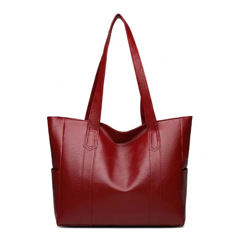Women's Large Leather Tote Bag with Side Pockets - Red