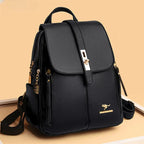 Women's Leather Backpack with Turn-Lock Clasp - Black