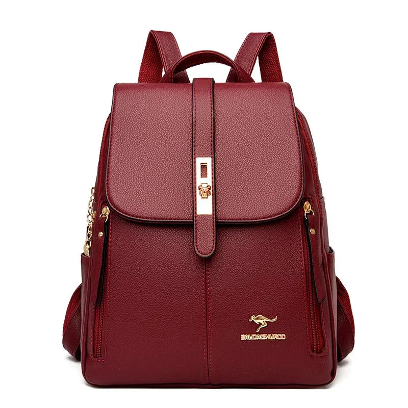 Women's Leather Backpack with Turn-Lock Clasp - Burgundy