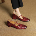 Women's Leather Ballet Flats with T-Bar Strap - Burgundy