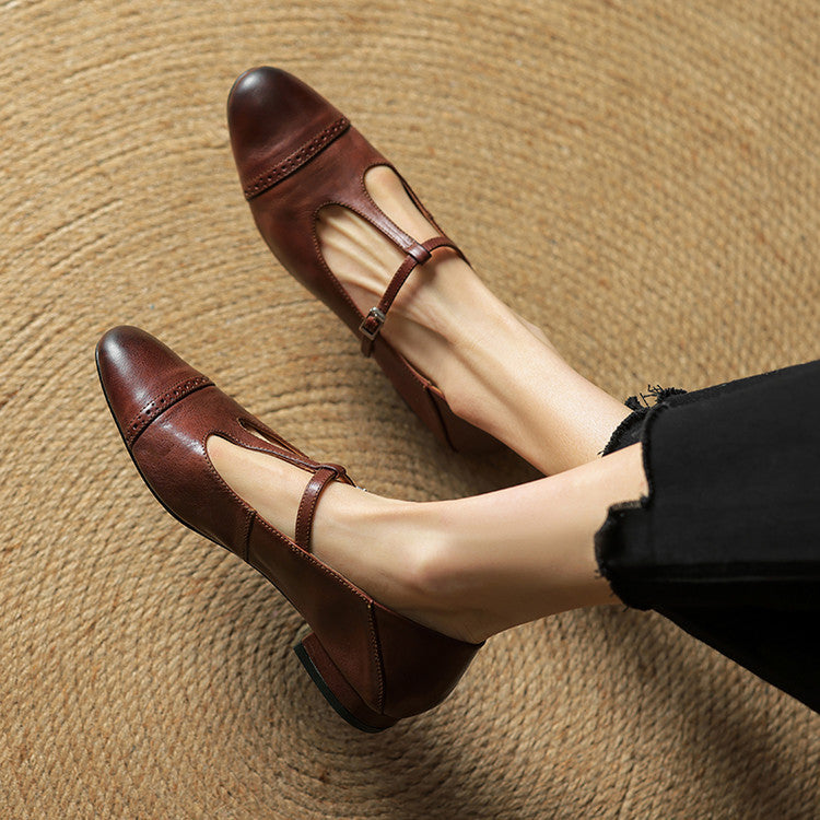 Women's Leather Ballet Flats with T-Bar Strap