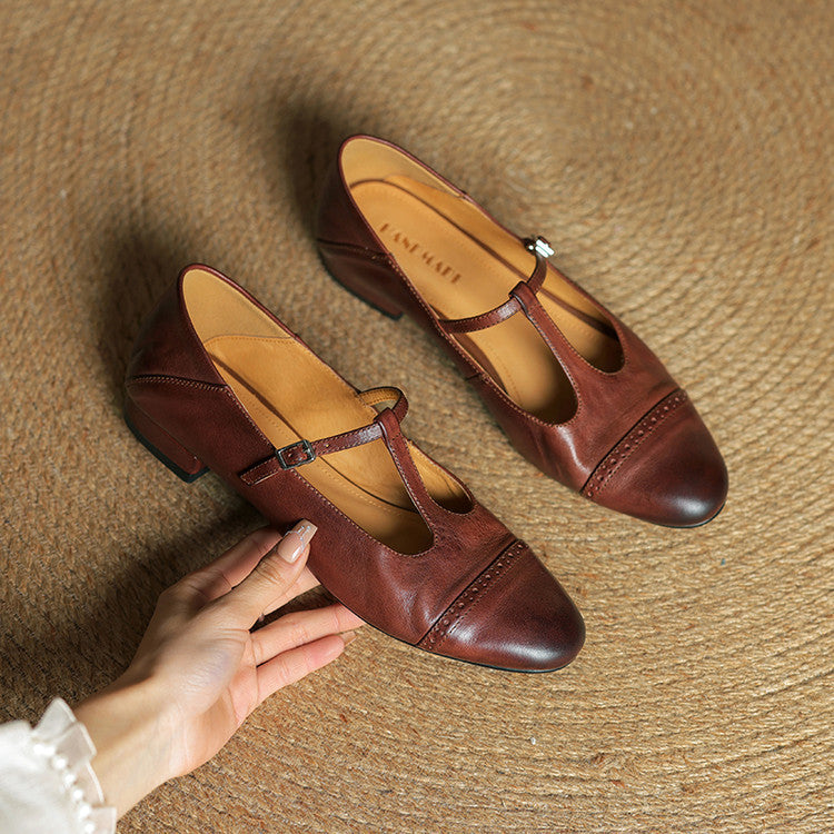 Women's Leather Ballet Flats with T-Bar Strap