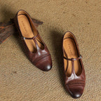 Women's Leather Ballet Flats with T-Bar Strap