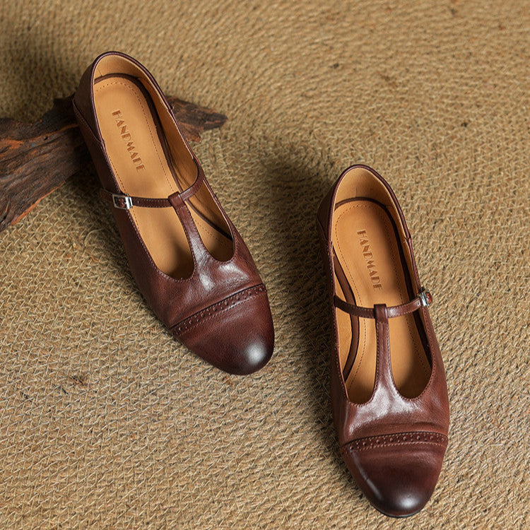Women's Leather Ballet Flats with T-Bar Strap
