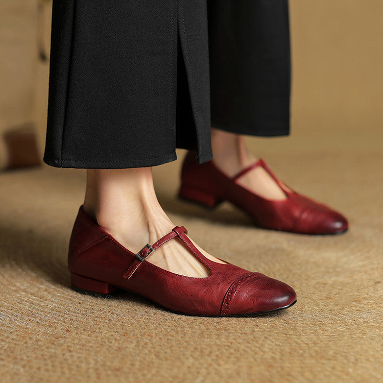 Women's Leather Ballet Flats with T-Bar Strap