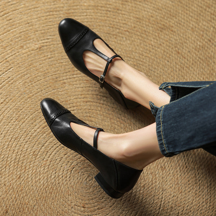 Women's Leather Ballet Flats with T-Bar Strap